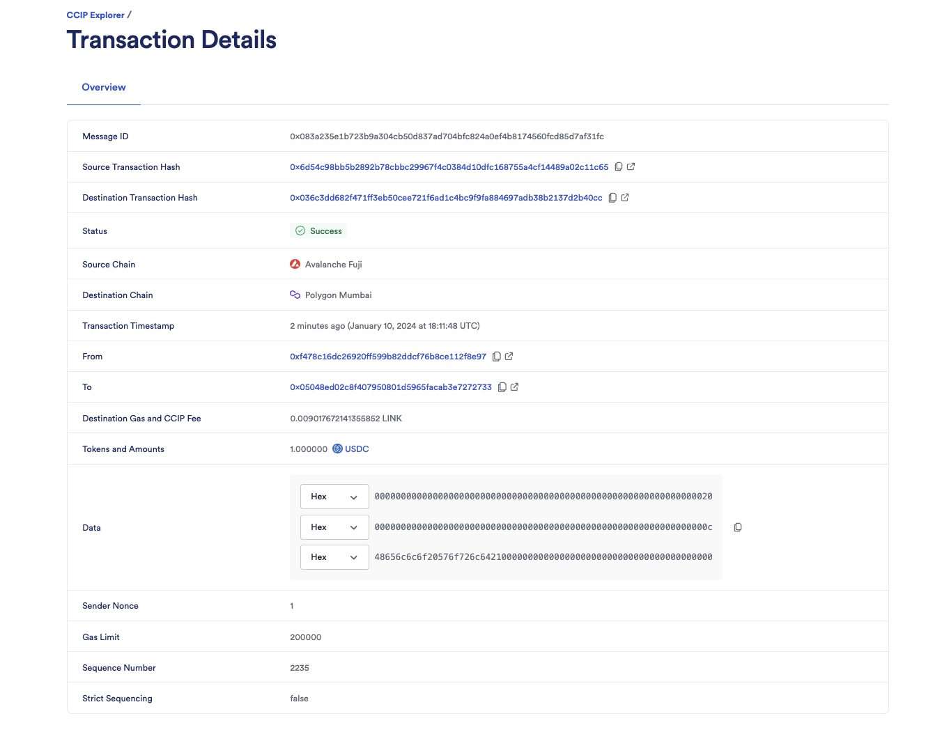 Chainlink CCIP Explorer transaction details success